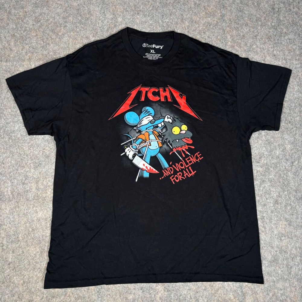 TeeFury Itchy & Scratchy Metallica Mashup Shirt Mens XL Black Parody 100% Cotton